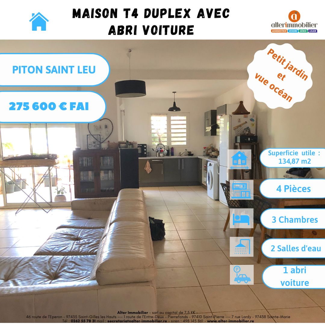 Maison T4 duplex d’environ 134,87 m2 utiles avec petit jardin