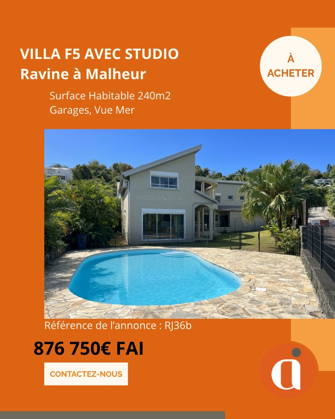 A ACHETER – VILLA T5 – RAVINE À MALHEUR – VUE MER