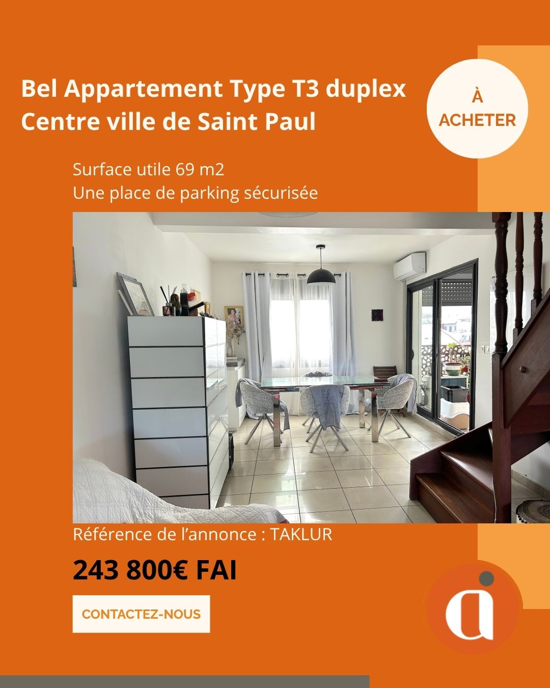 Saint Paul centre ville Appartement T3 traversant et lumineux